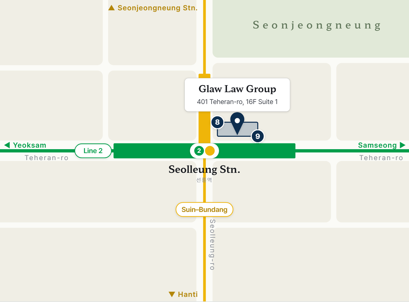 Simplified map around Seolleung Station — 401 Teheran-ro, Glaw (near Exits 8 & 9)